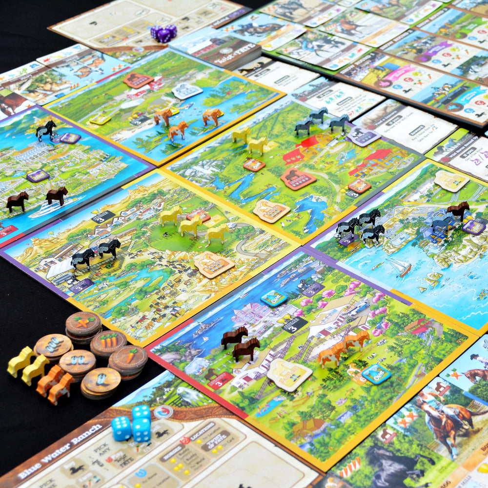 Fantasy Ranch dice and counters capturing ranching actions for quick turns