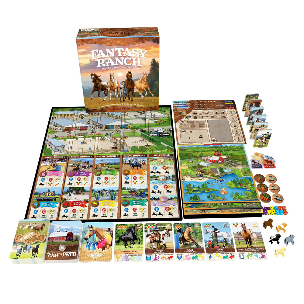 Fantasy Ranch game pieces and figurines close-up illustrating strategic setup for players