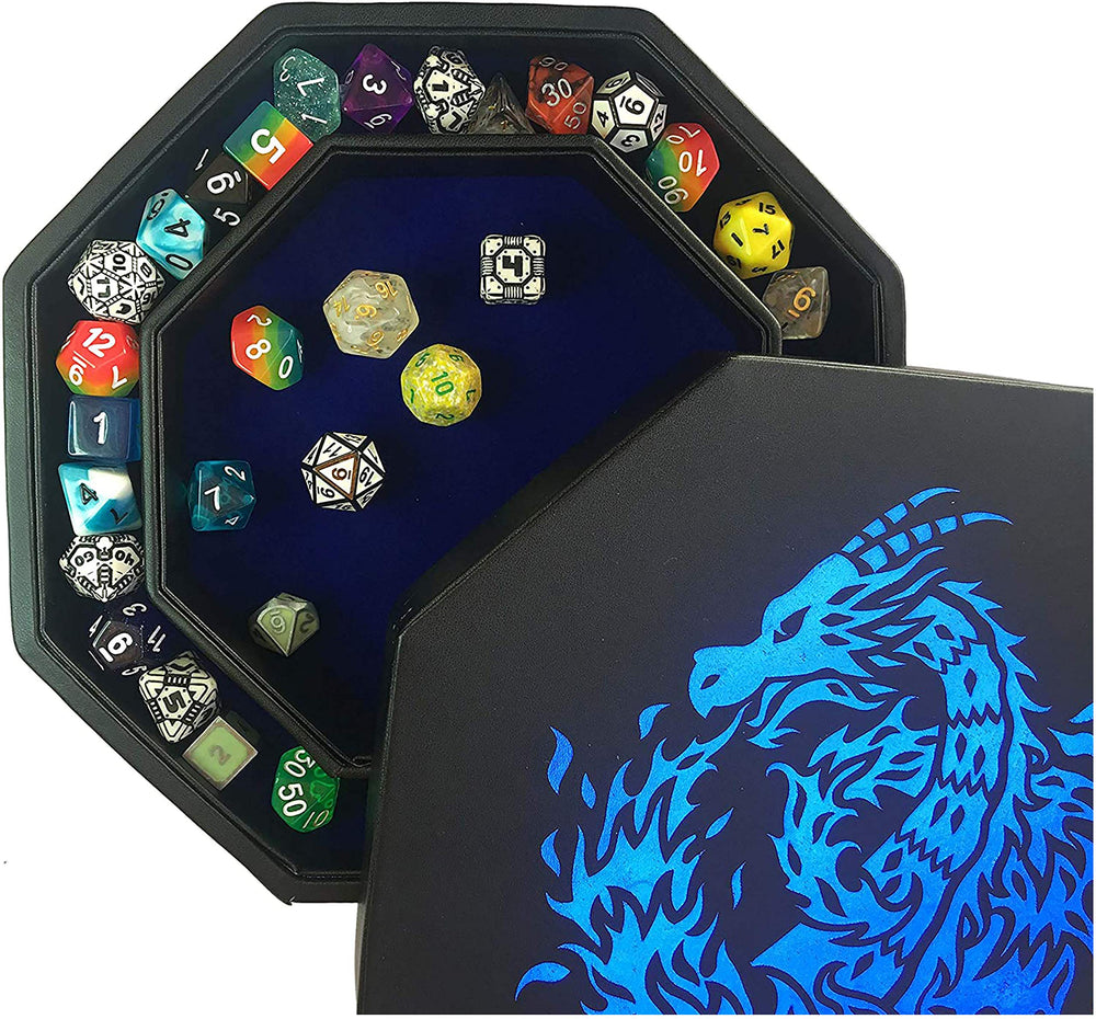 Fantasydice blue fire dragon dice tray with lid keeps dice organized during epic sessions.
