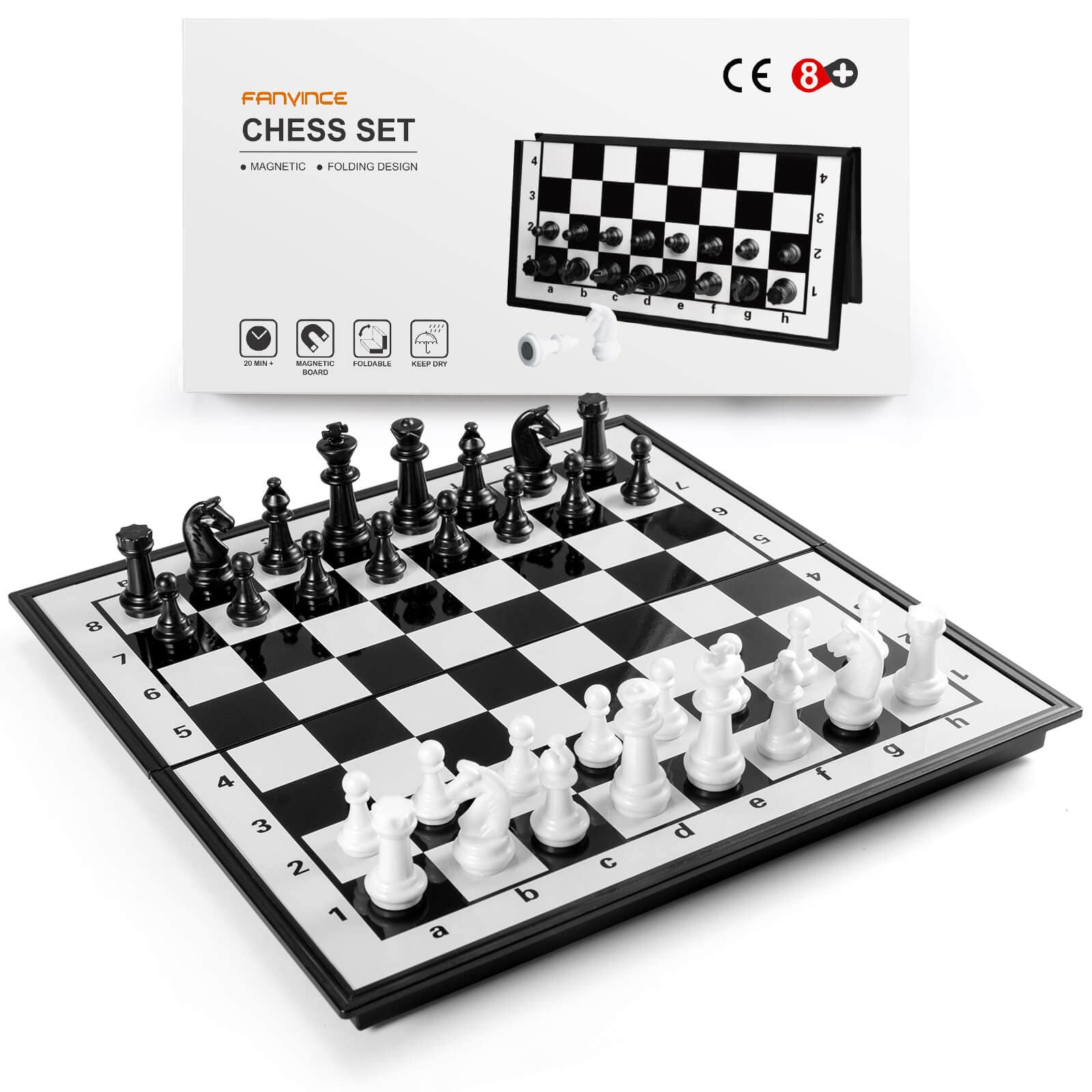 FanVince chess set folding board open for easy travel and quick setup.