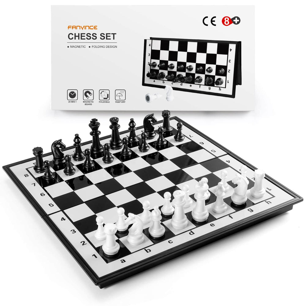 FanVince chess set folding board open for easy travel and quick setup.