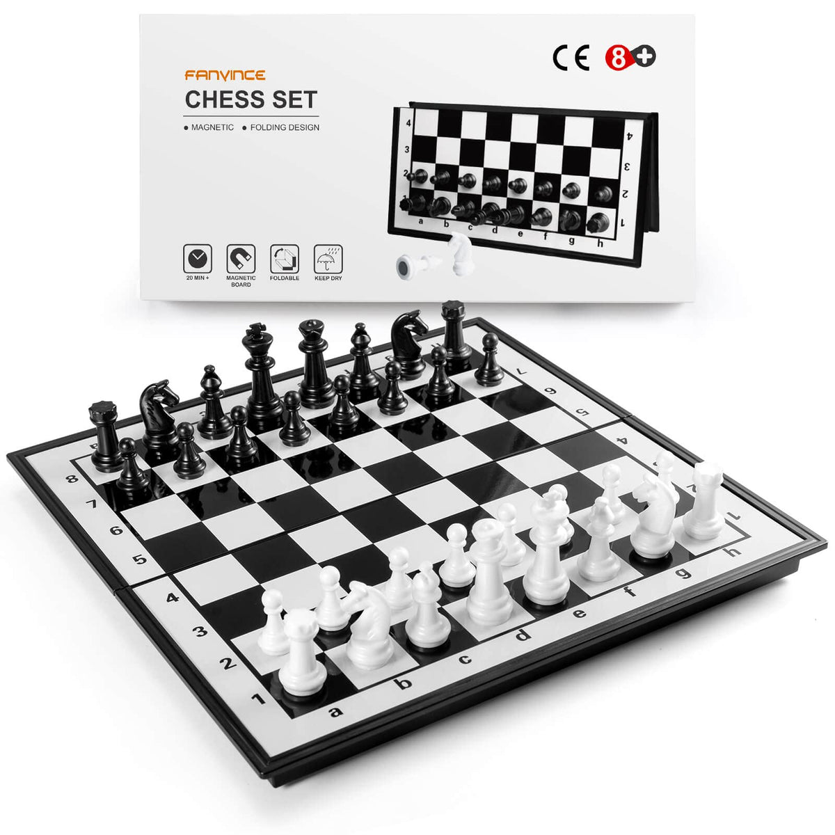 FanVince chess set folding board open for easy travel and quick setup.