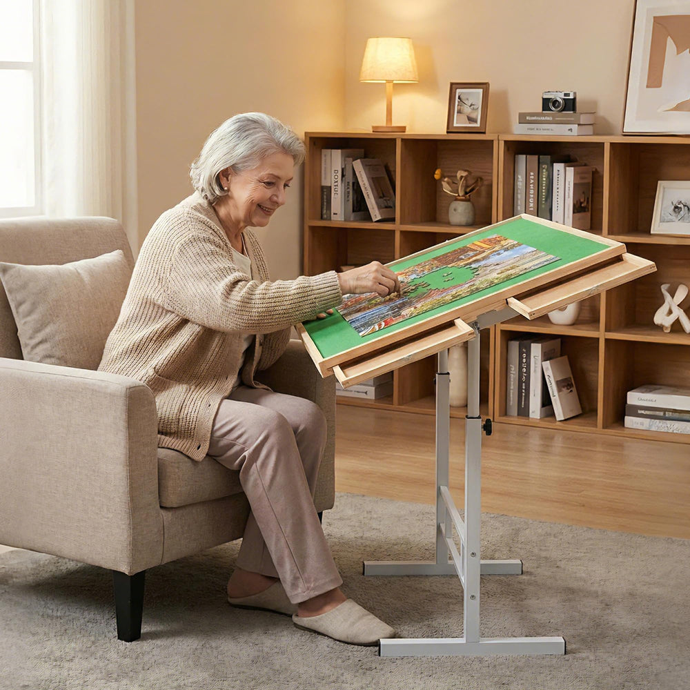 Fanwer wood and metal construction provides sturdy puzzle work surface.