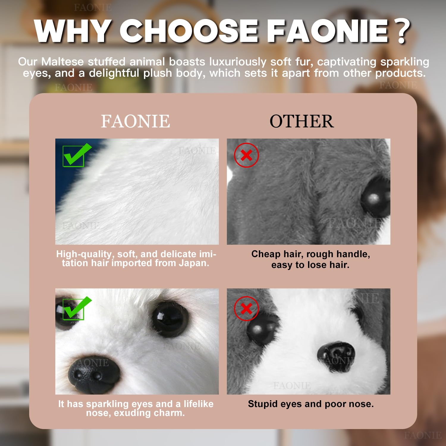 FAONIE Maltese stuffed animal measures 14 inches for display or gifting.