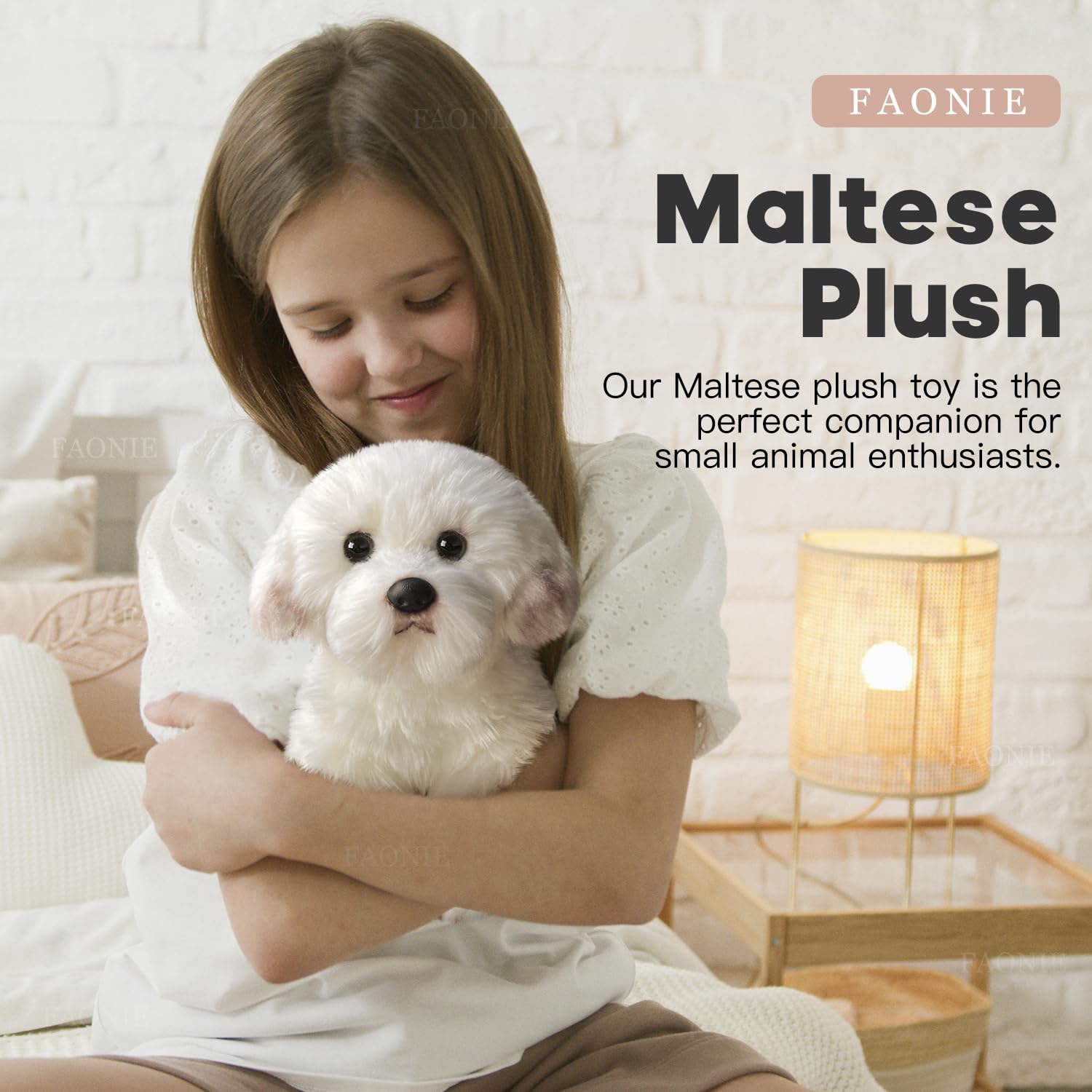 FAONIE Maltese stuffed animal side view showcases compact, gift-ready size.