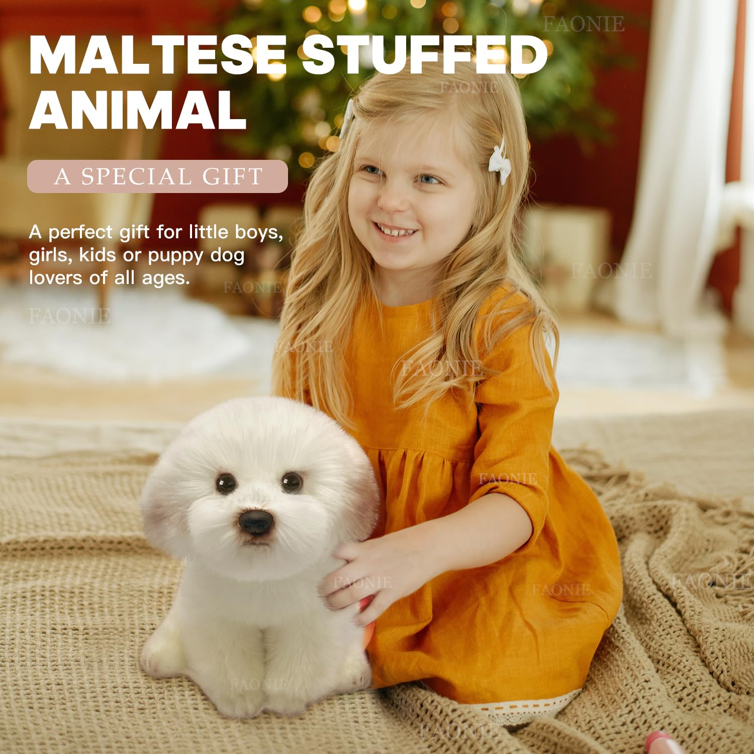 FAONIE Maltese stuffed animal size reference with hands for scale.