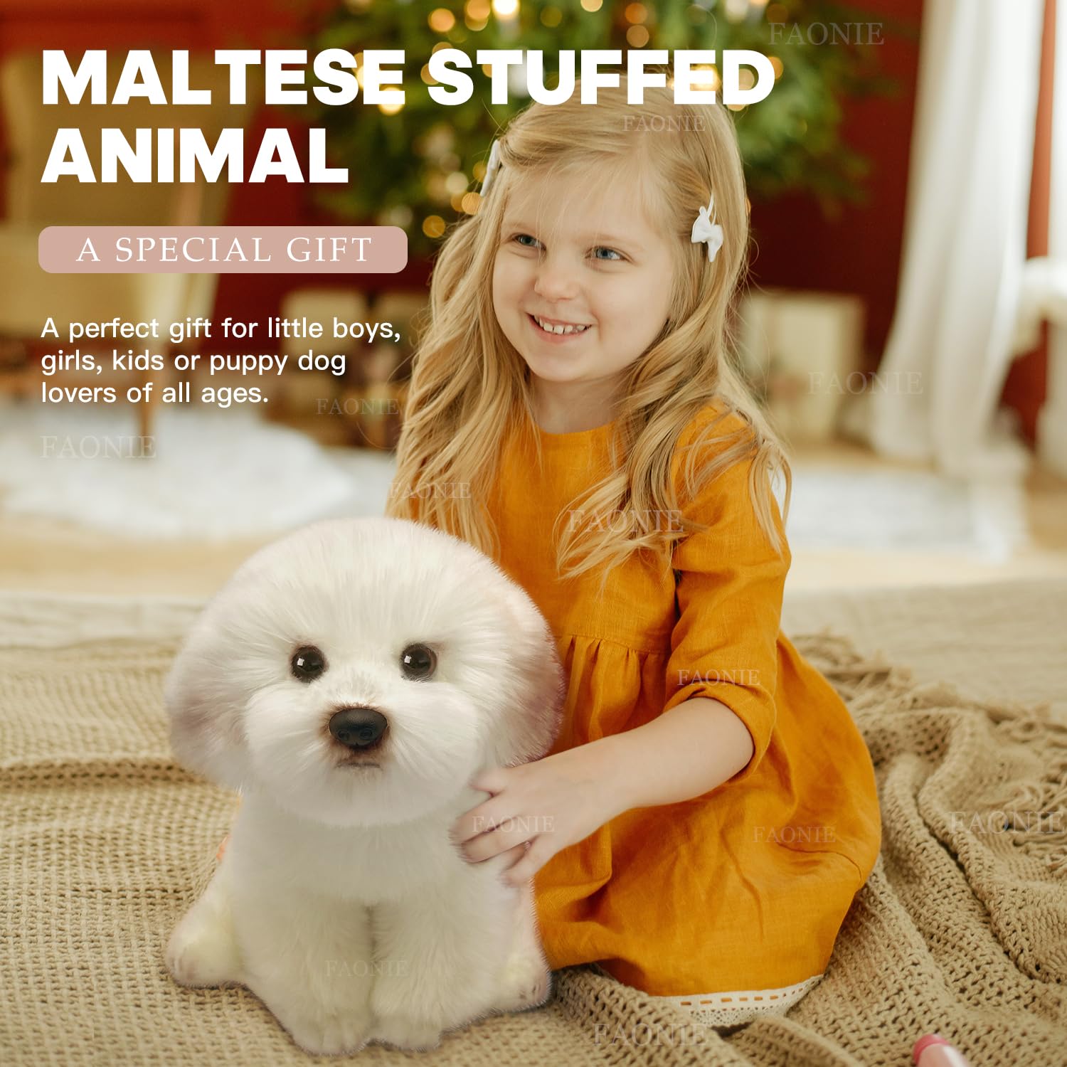 FAONIE Maltese stuffed animal with sparkling eyes for engaging imagination.