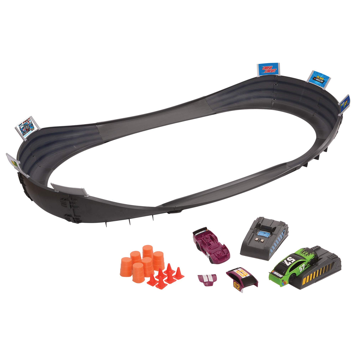 Far Out Toys NASCAR Crash Circuit Short Track in action for fast-paced kid races.