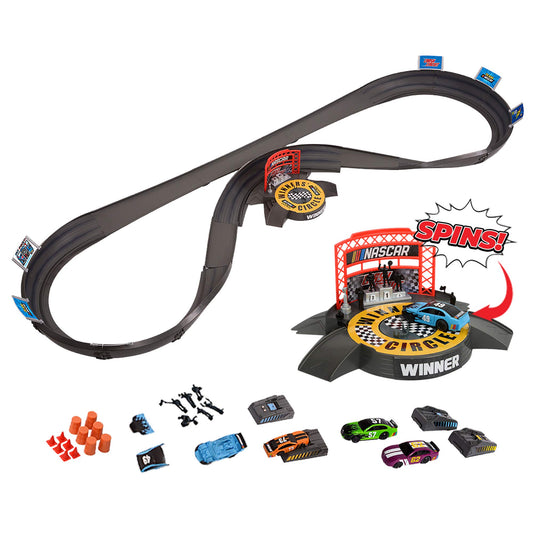 Far Out Toys NASCAR Crash Circuit track layout showcases fast lanes and snaking turns for intense play.