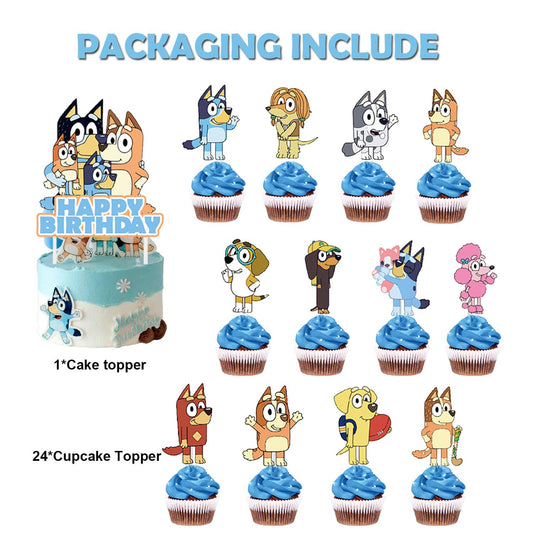 FARDAS blue dog cupcake toppers arranged on pastries for photos