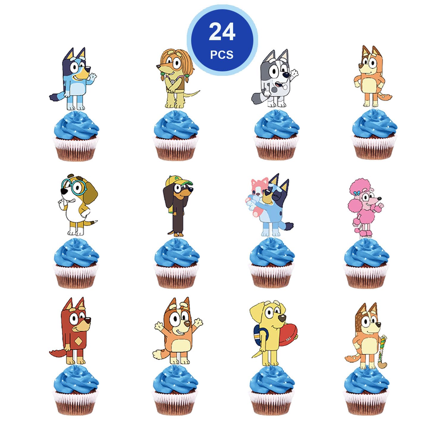 FARDAS blue dog cupcake toppers close up on colorful desserts