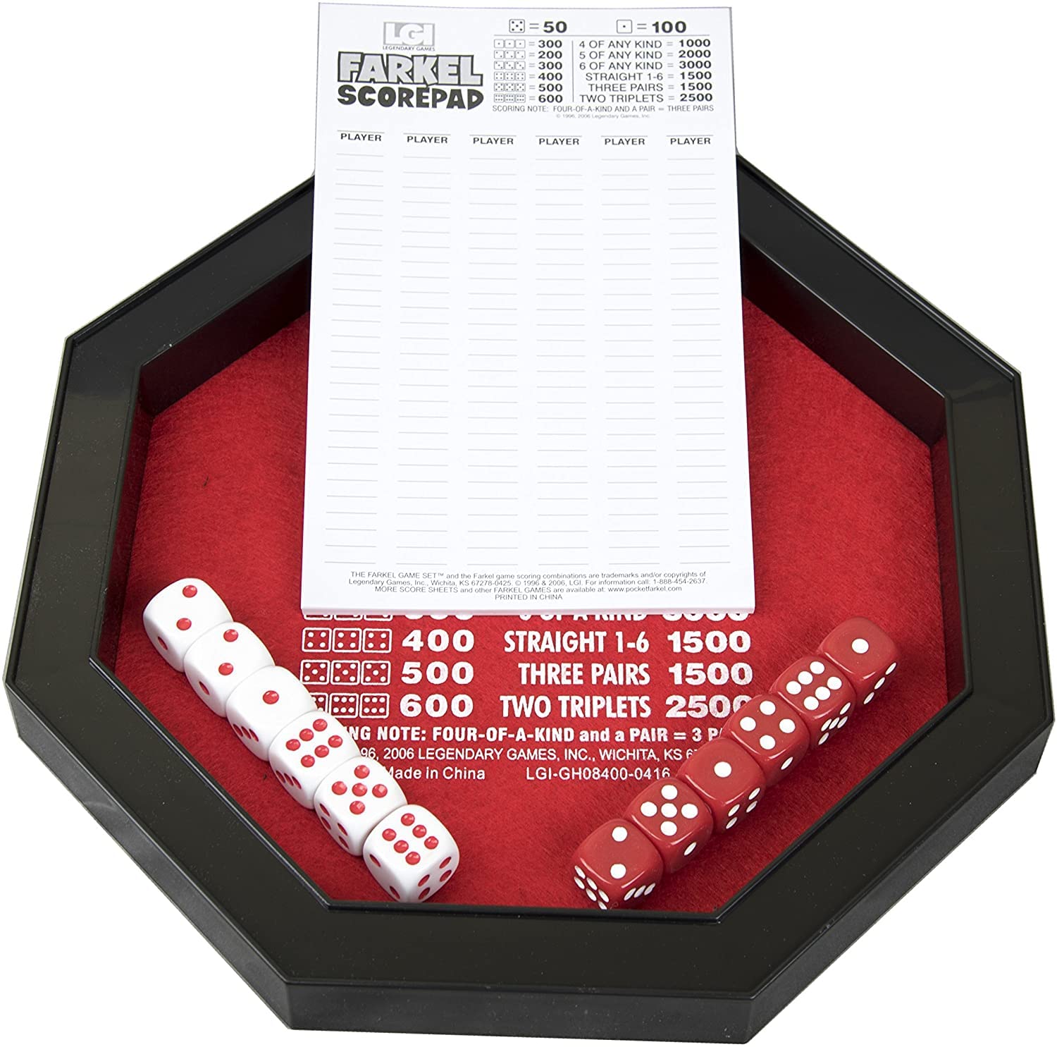 Farkel contents include 108 cards, score cards, and pencil for easy scoring.