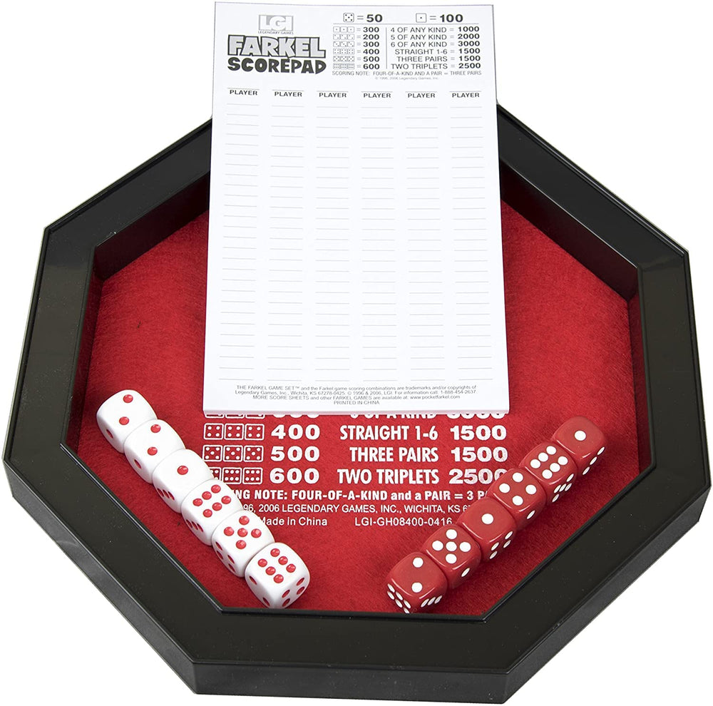 Farkel contents include 108 cards, score cards, and pencil for easy scoring.