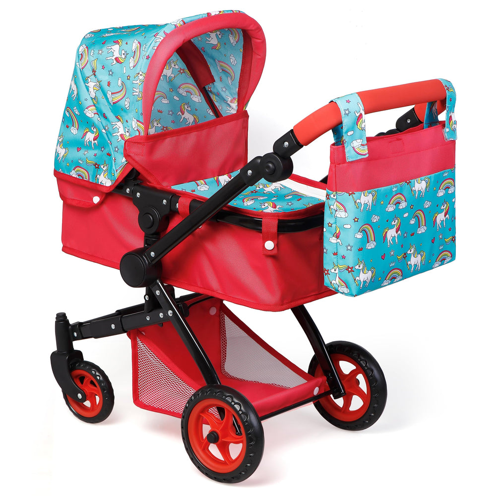Fash n Kolor baby doll stroller with unicorn pattern offers delightful pretend play for kids.