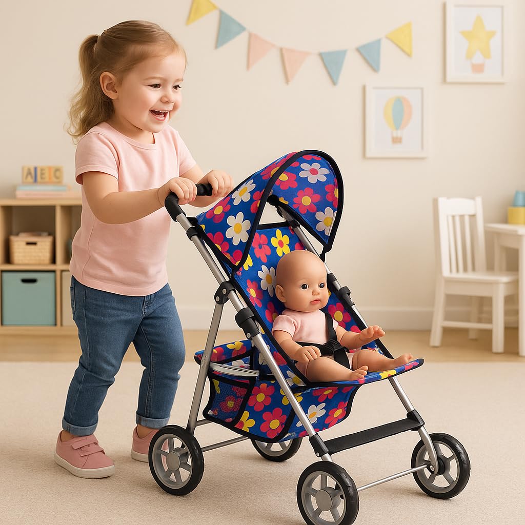 Fash N Kolor deluxe baby doll stroller features soft wheels for smooth indoor play.