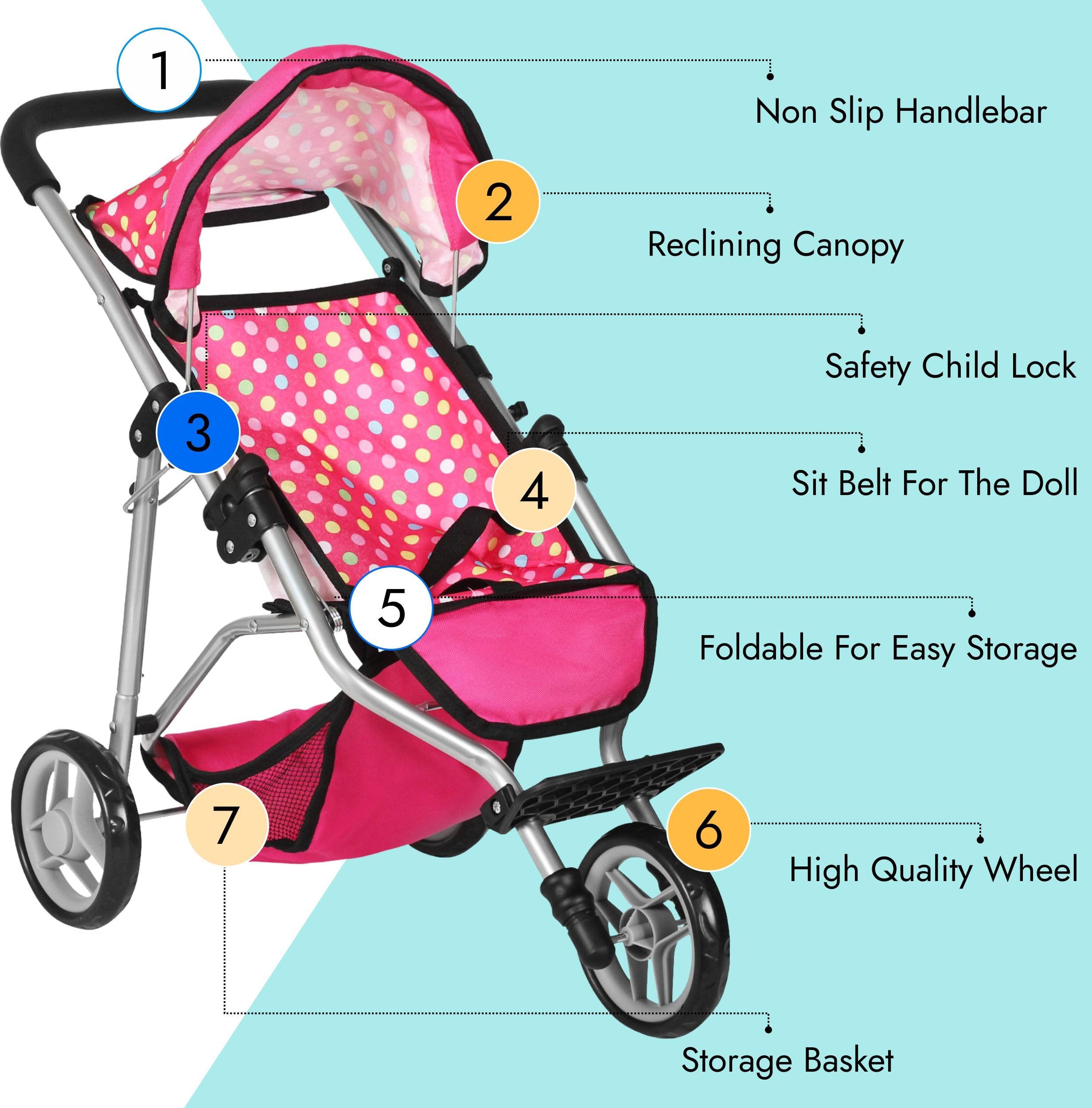 Fash N Kolor denim pink stroller folded design stores compactly.