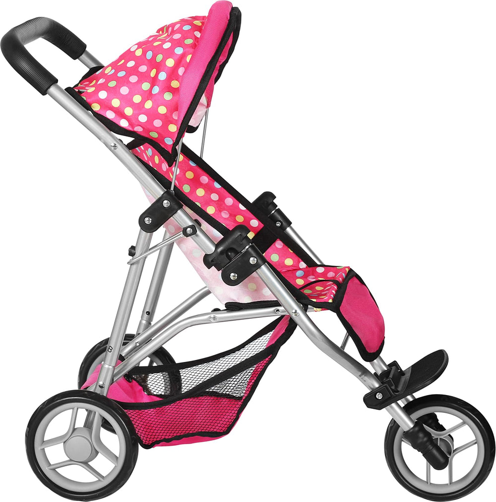 Fash N Kolor denim pink stroller supports 16-18 inch dolls securely.