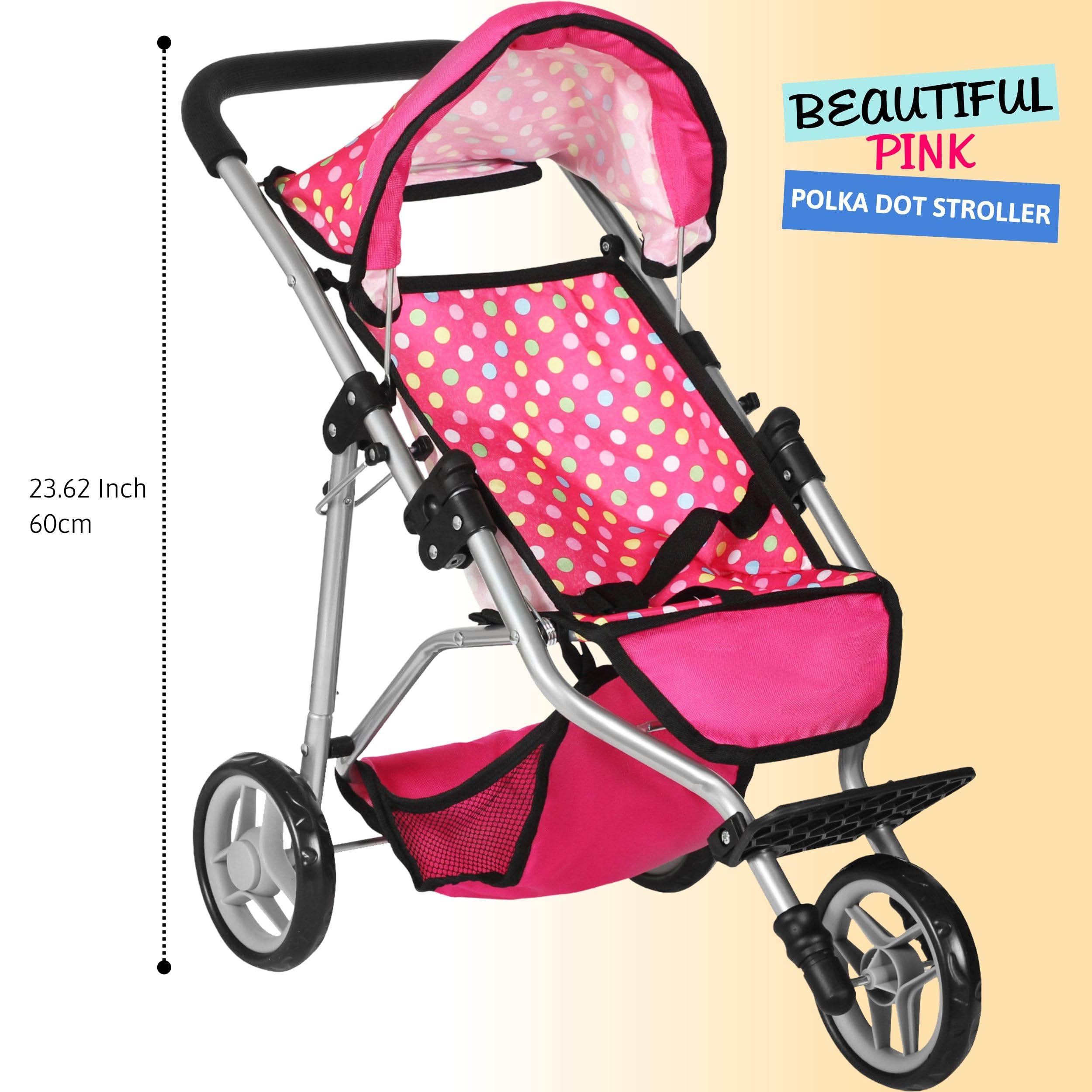 Fash N Kolor denim pink stroller seat is kid-friendly and easy to clean.