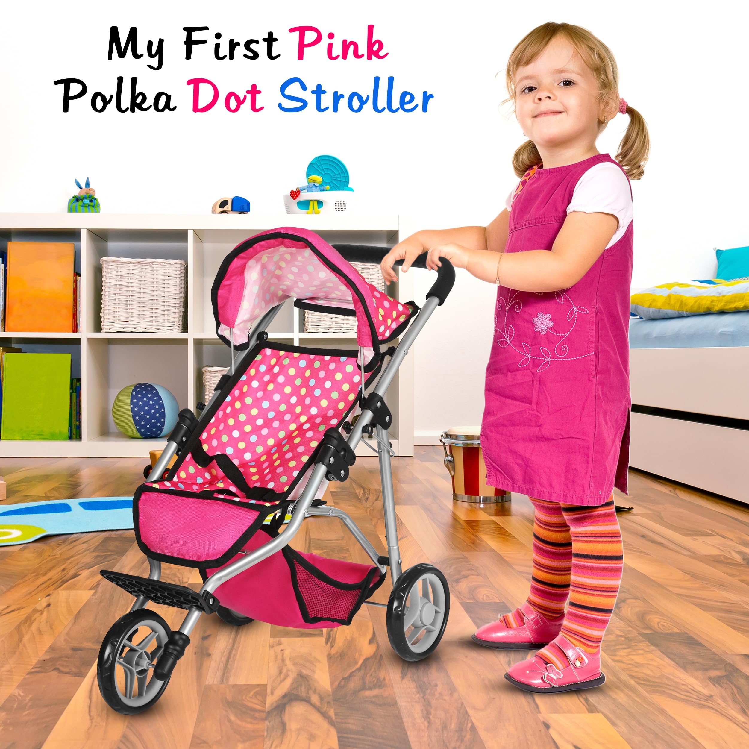 Fash N Kolor denim pink stroller wheels roll smoothly for effortless push.