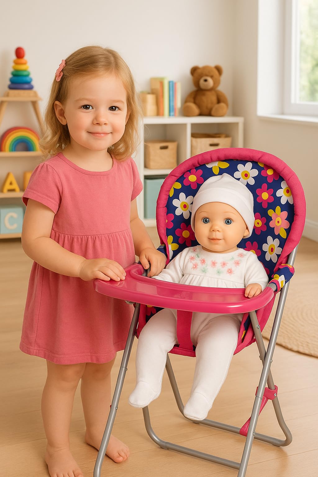 Fash N Kolor compact storage high chair fits nursery playsets.
