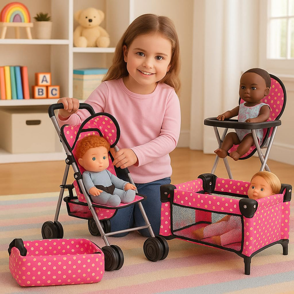 Fash N Kolor doll high chair provides a stable pretend mealtime.