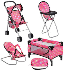 Fash N Kolor doll stroller in pink polka dot for imaginative doll outings