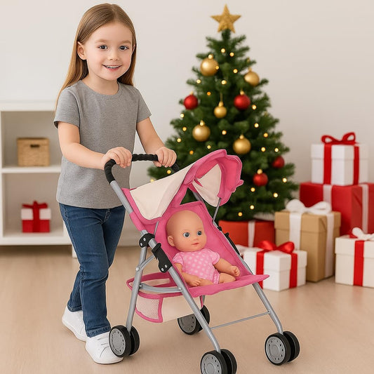 Foldable pink off-white doll stroller by Fash N Kolor for easy storage