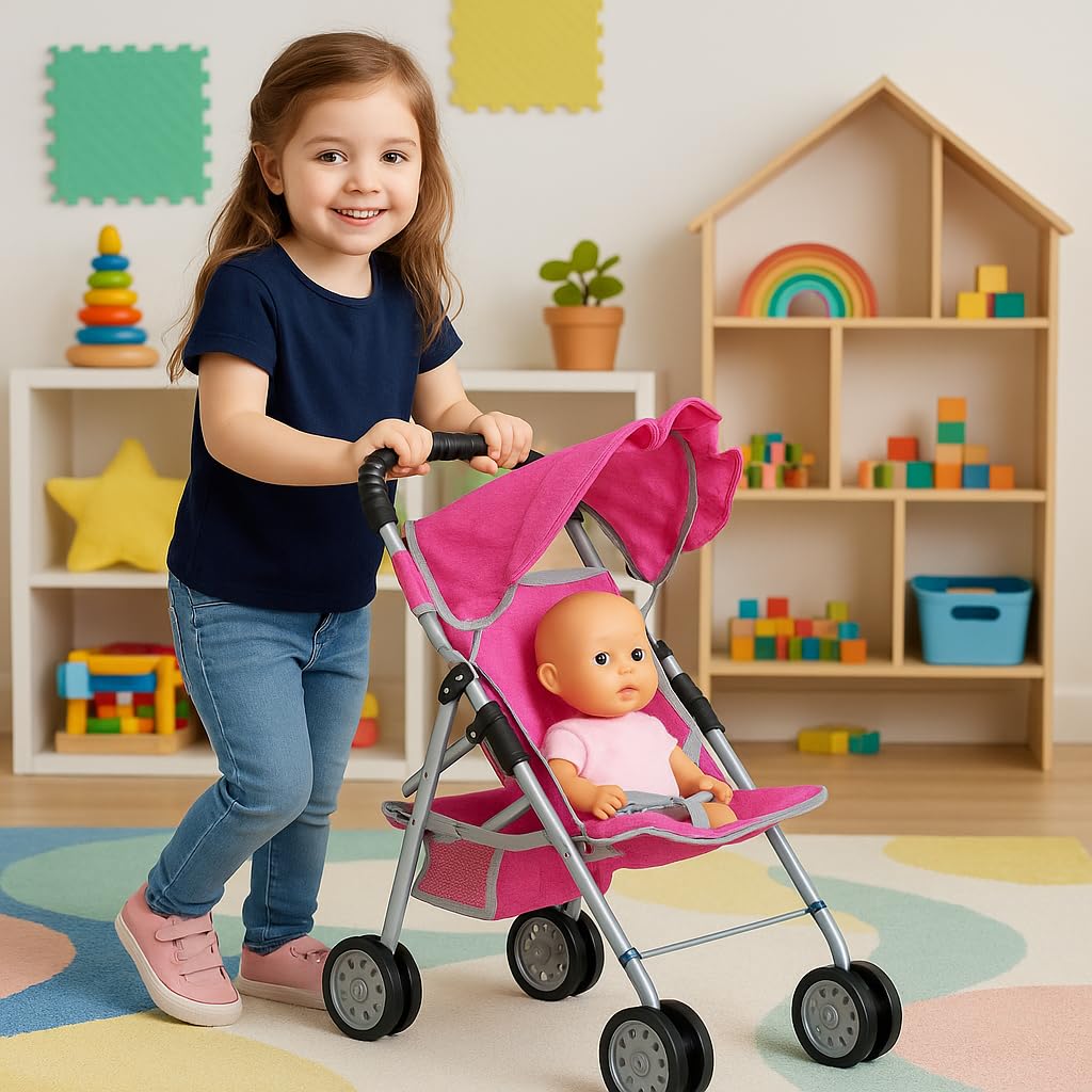 Fash N Kolor foldable doll stroller with soft grip handle for easy travel