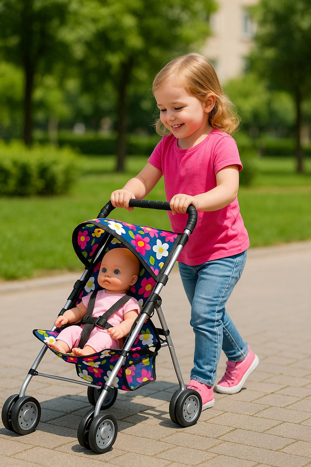 Fash N Kolor foldable stroller with storage basket ready for travel.