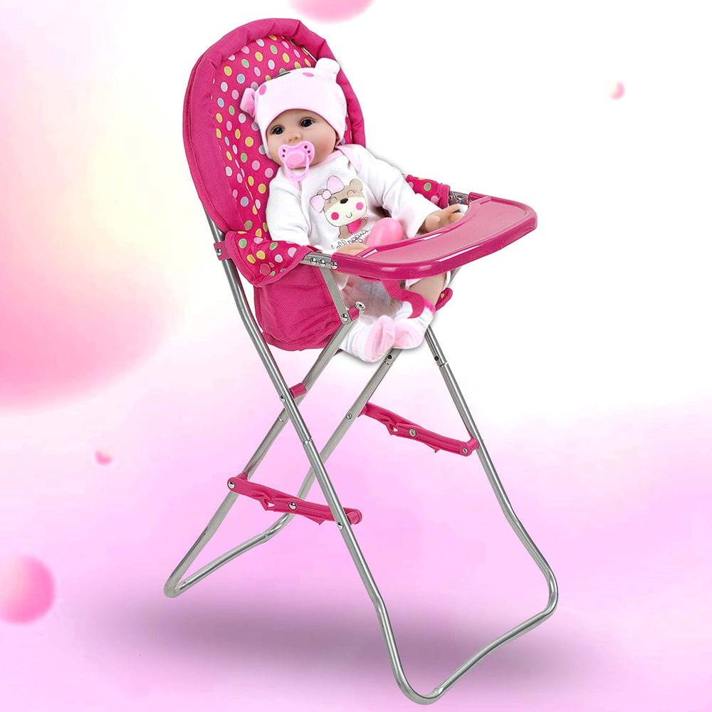 Fash N Kolor high chair folds flat for easy storage.