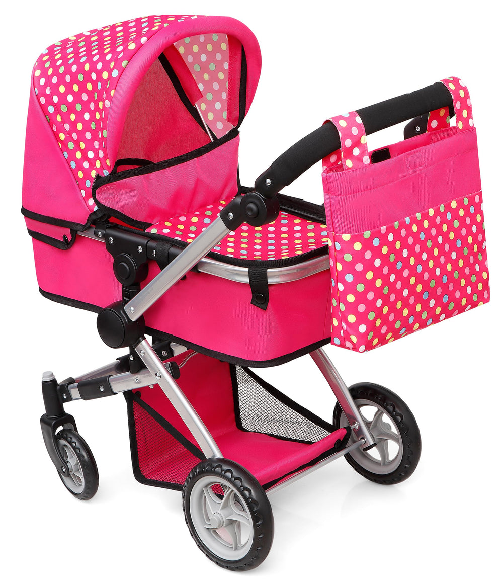 Fash N Kolor polka-dot doll stroller folded for compact storage.