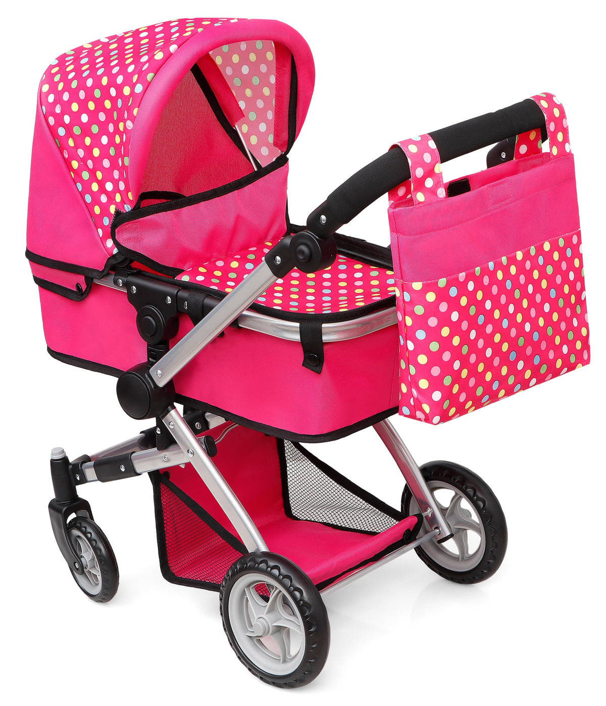 Fash N Kolor polka-dot doll stroller folded for compact storage.