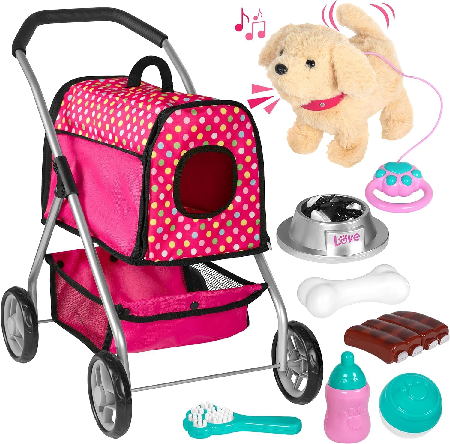 Fash N Kolor Puppy Doll Stroller remote walk showcases interactive control for kids