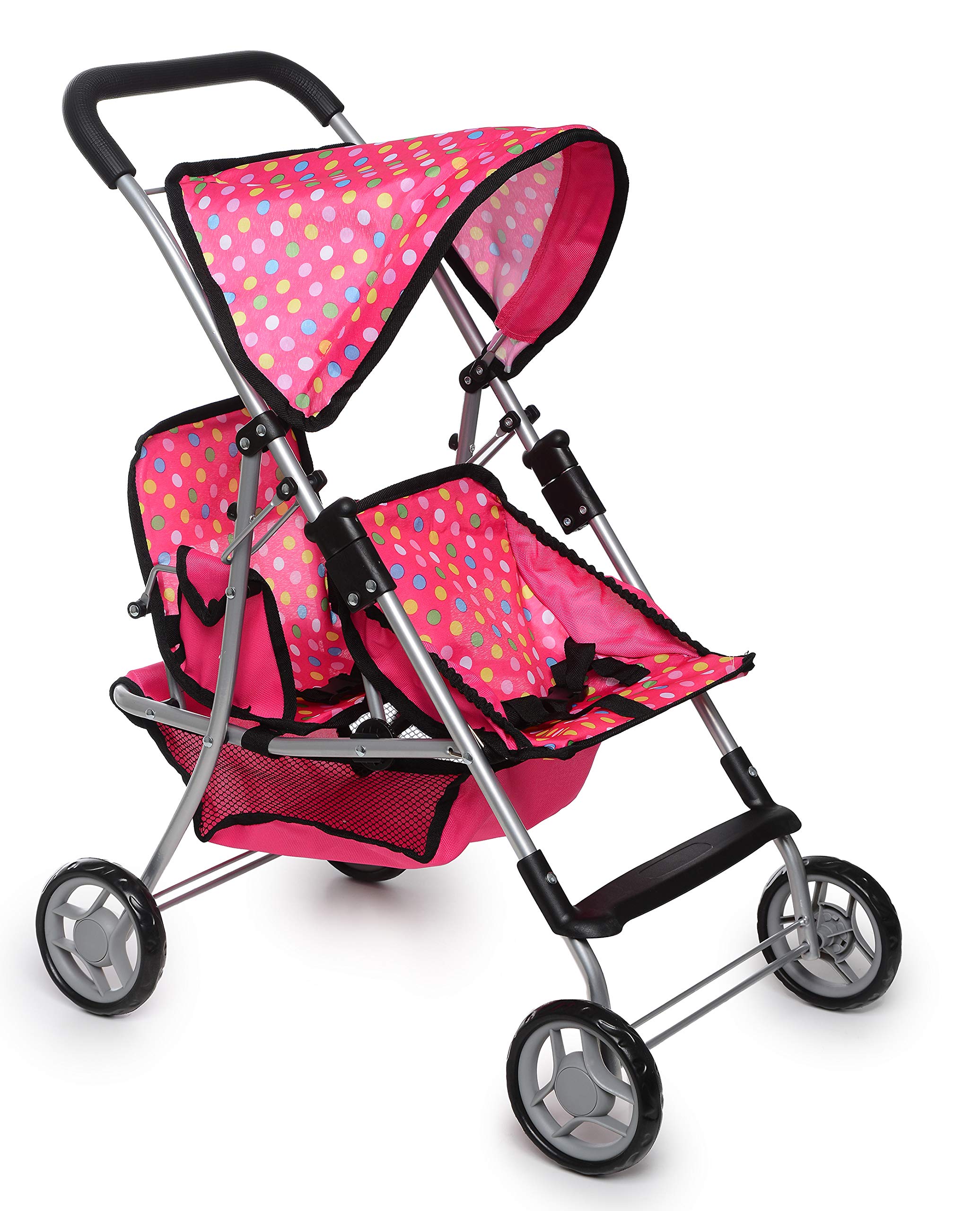 Fash n Kolor twin doll stroller with polka-dot pink design for pretend play.