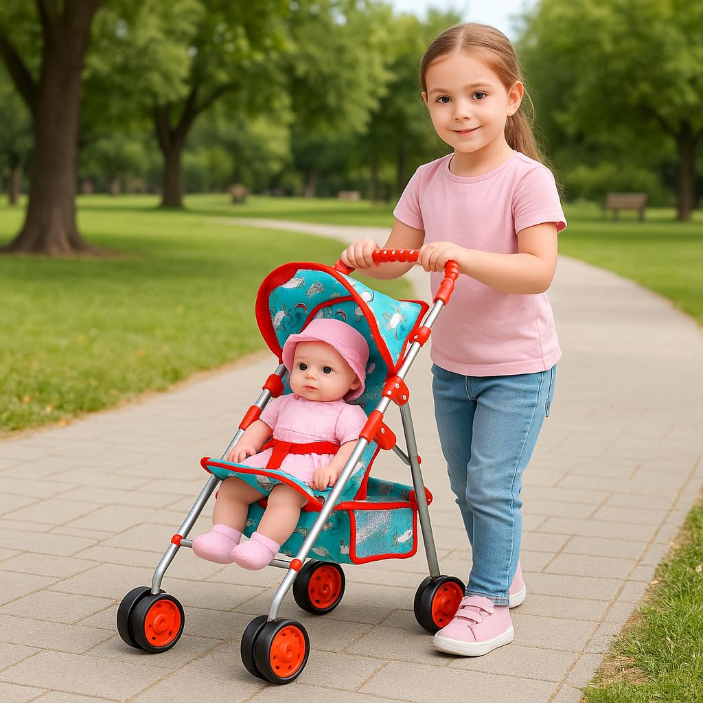 Fash N Kolor unicorn doll stroller basket view with storage.