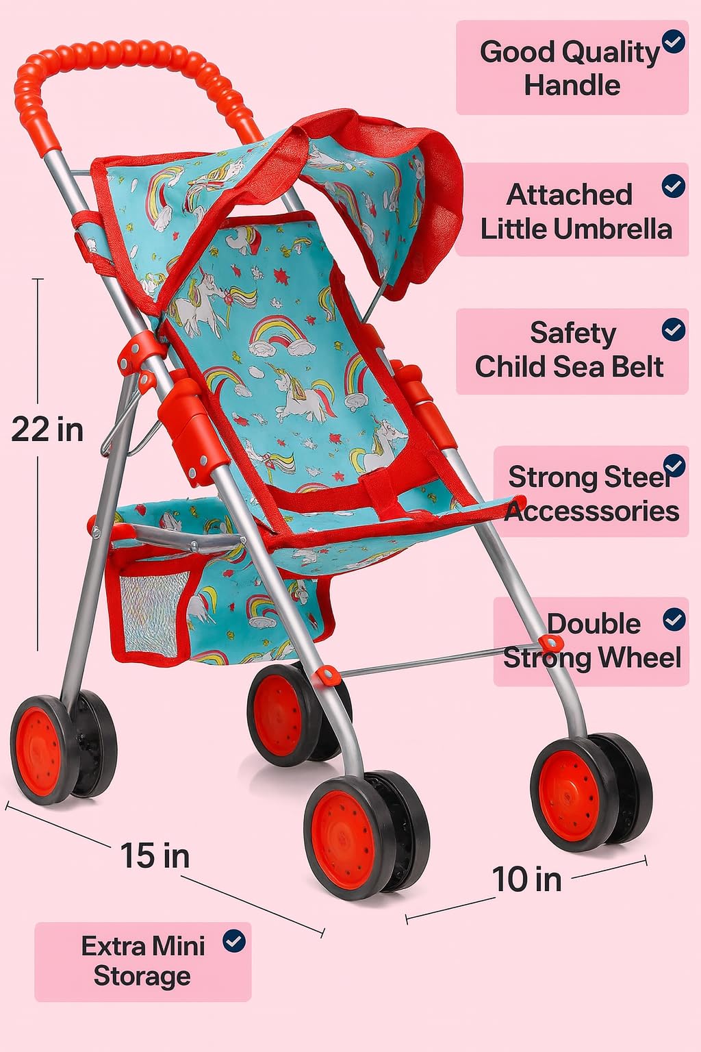 Fash N Kolor unicorn doll stroller hood open for pretend play.