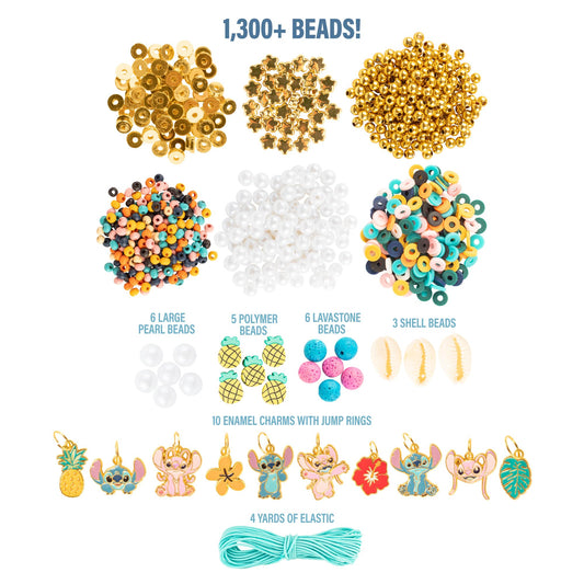 Fashion Angels Disney Stitch beads and charms laid out for easy crafting inspiration and color coordination.