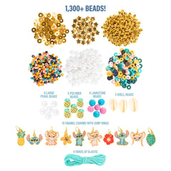 Fashion Angels Disney Stitch beads and charms laid out for easy crafting inspiration and color coordination.