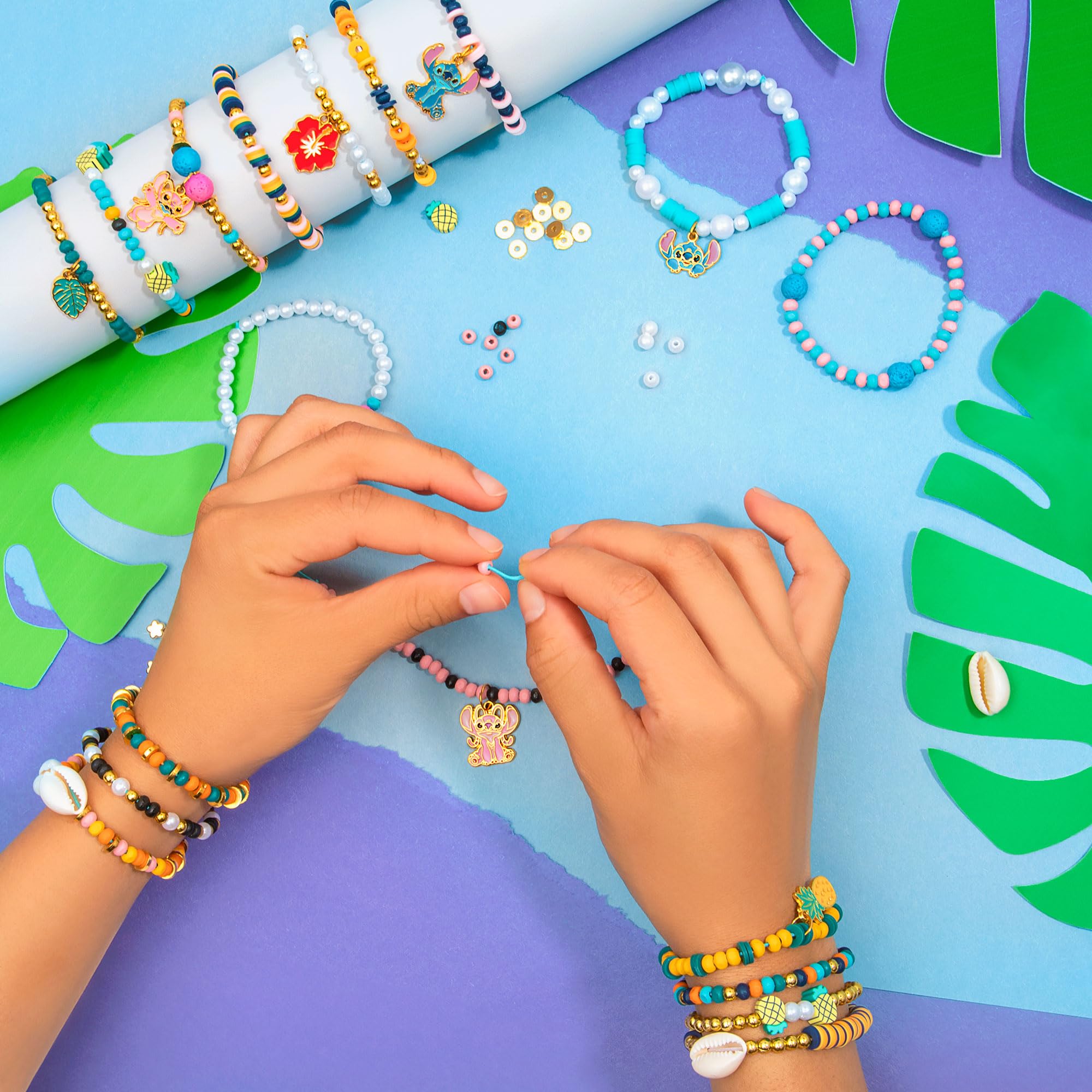 Fashion Angels Disney Stitch beads close up highlighting variety and texture for creative bracelets.