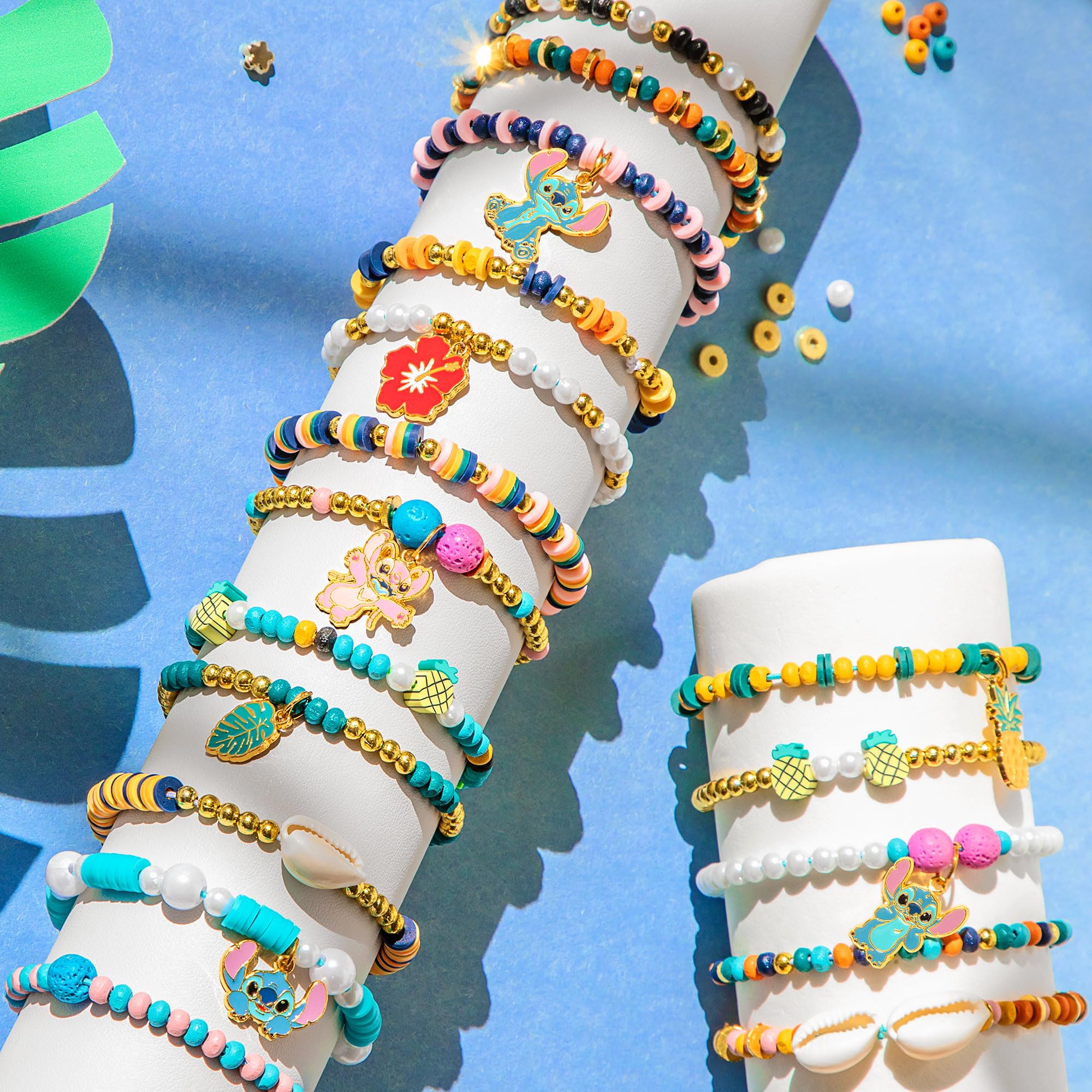 Fashion Angels Disney Stitch elastic and charms demonstrating simple assembly for durable, adjustable bracelets.