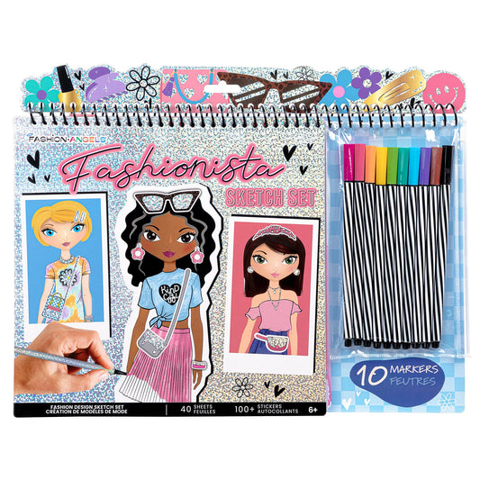 Fashion Angels Fashionista Sketch Pad open with silhouettes for easy practice.
