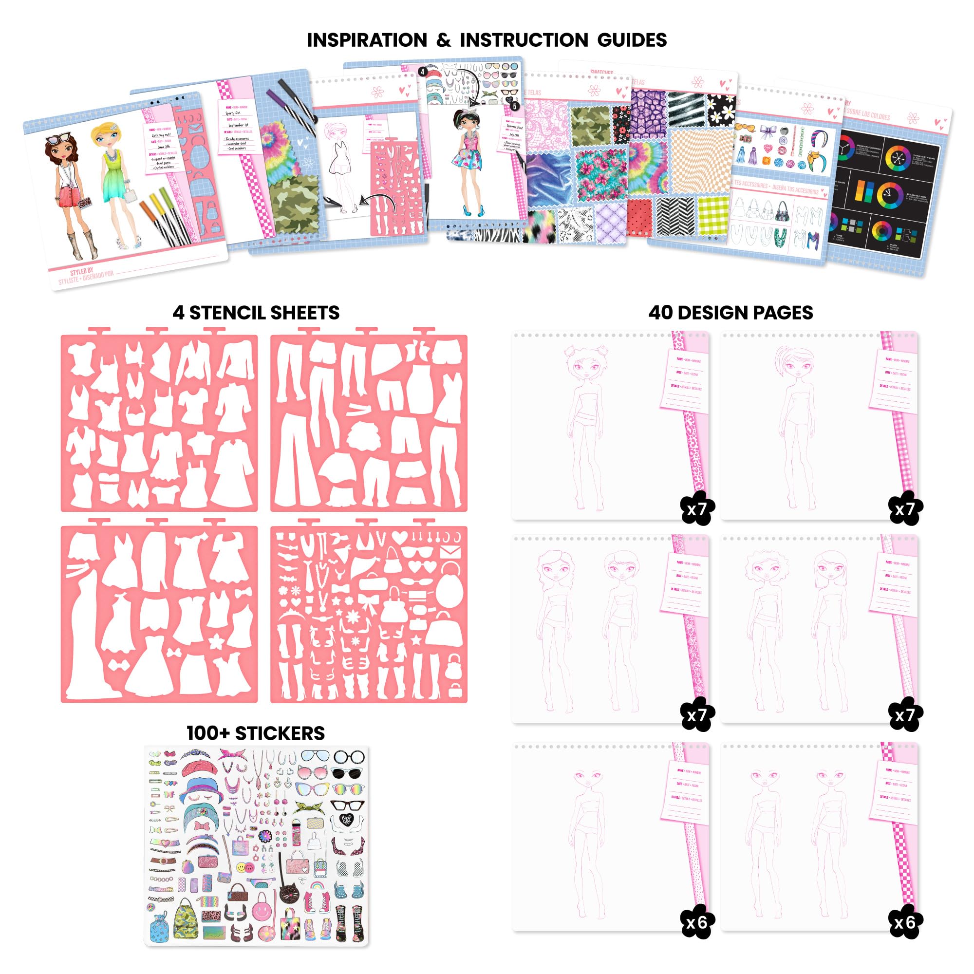 Fashion Angels stencil sheets display clothing shapes for quick outfit ideas.