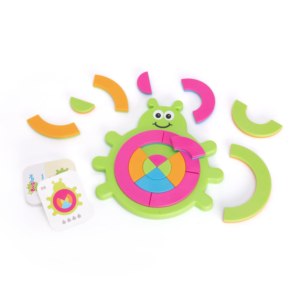 Fat Brain Toys Bugzzle puzzle pieces on a tray boost visual-spatial skills.