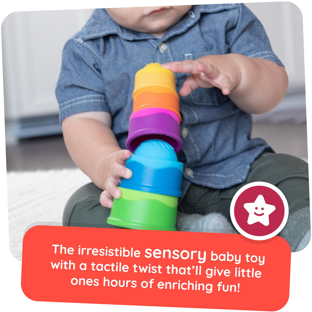 Fat Brain Toys Dimpl Stack nest-and-stack cups demonstrating sequencing.