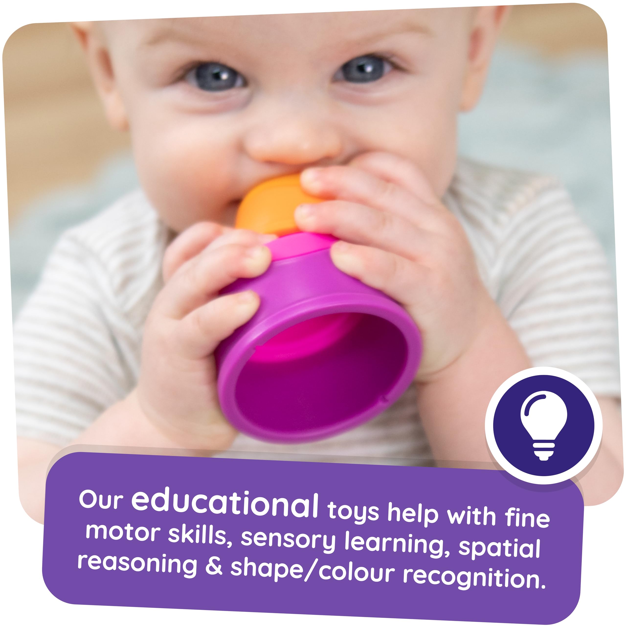 Fat Brain Toys Dimpl Stack silicone bubbles provide squishy tactile feedback.