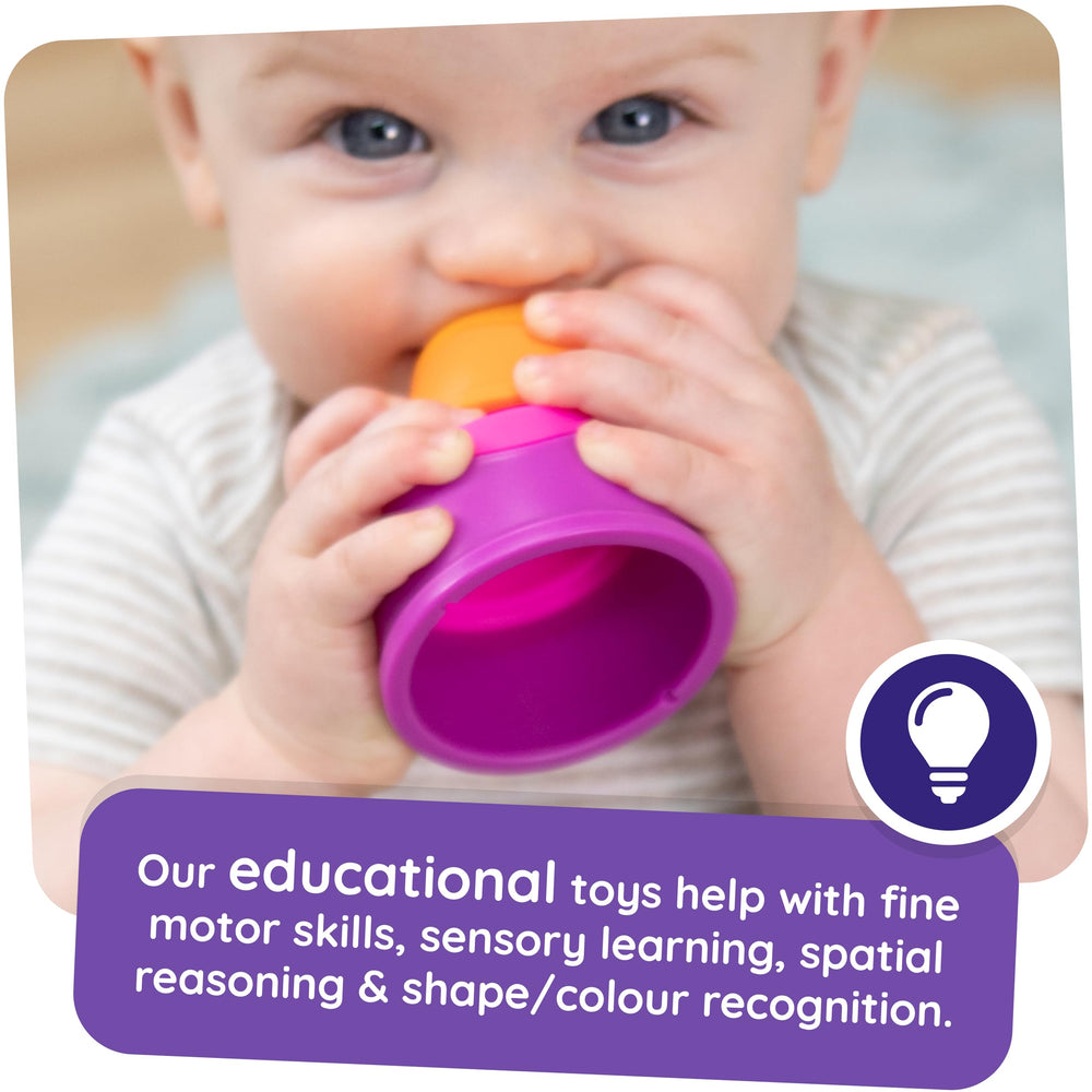 Fat Brain Toys Dimpl Stack silicone bubbles provide squishy tactile feedback.