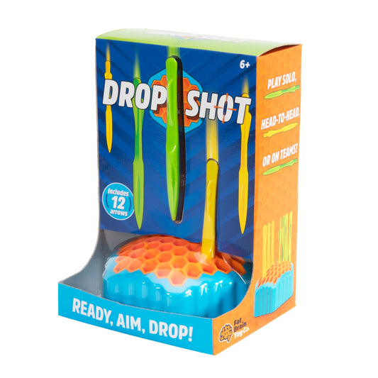 Fat Brain Toys Drop Shot board in action with arrows mid-drop, showcasing quick decision making