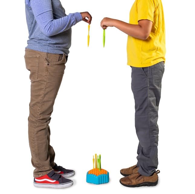 Fat Brain Toys Drop Shot components on display: board and colorful arrows