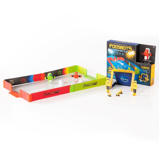 Fat Brain Toys Foosbots Stadium Battle Set front view for compact indoor play