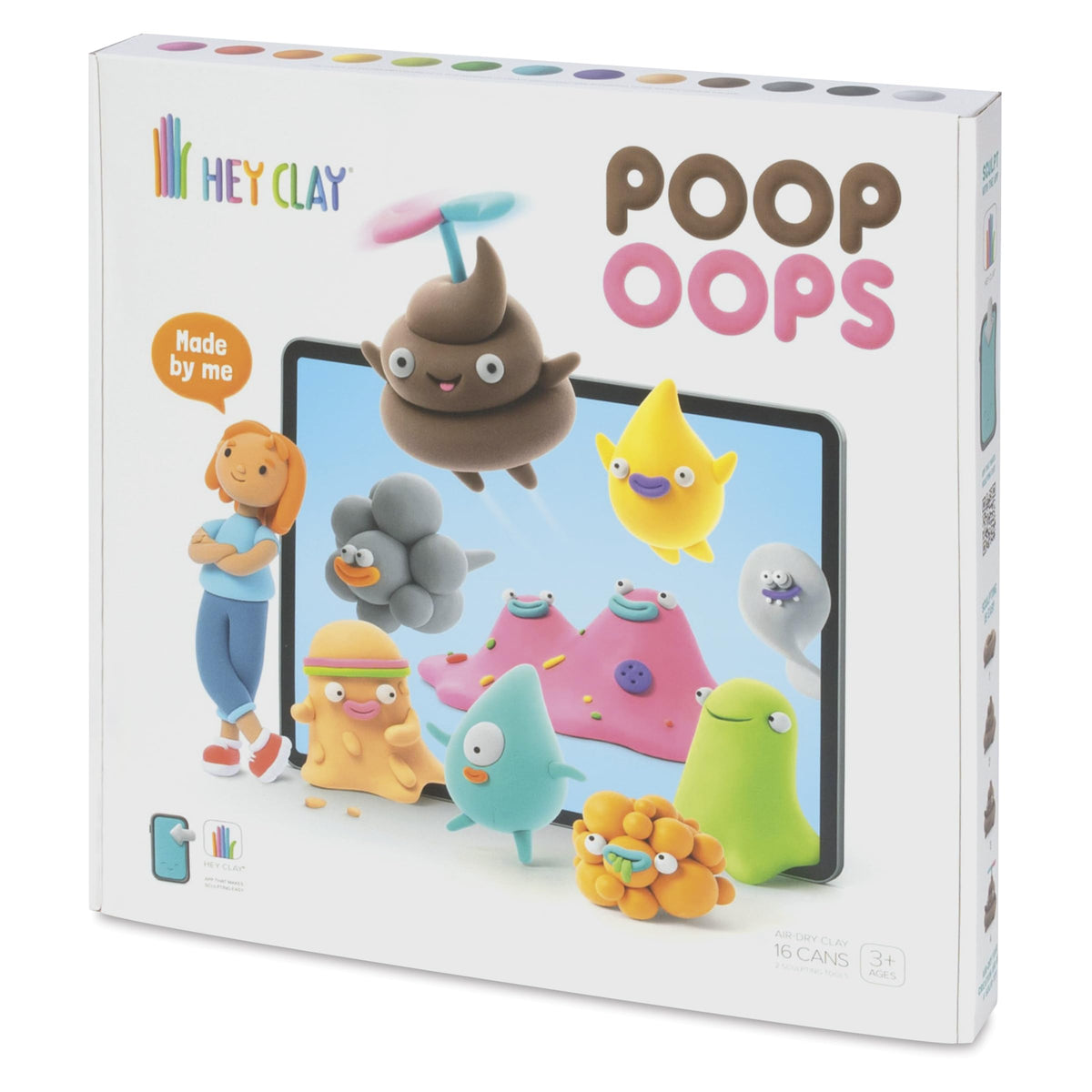 Fat Brain Toys Hey Clay Poop Oops kit contents with colorful clay and tools for kids.
